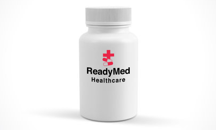 White pill bottle with a white cap on a plain background.