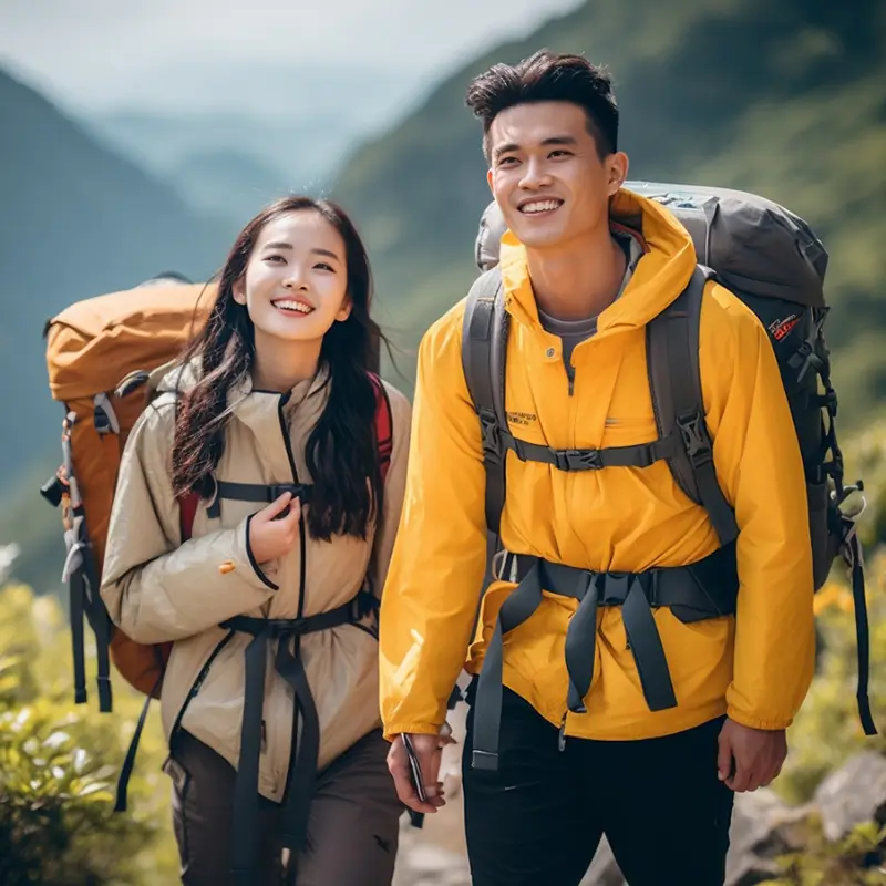 A couple hiking on a scenic mountain trail with backpacks