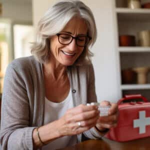 Woman holding a medical kit with a confident smile.